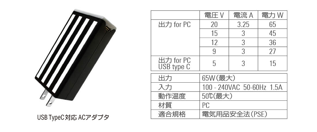 USB TypeC対応 ACアダプタ